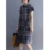 Cottagecore Letter Plaid Print Pocket Cotton Lapel Midi Dress