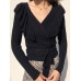 Women V  Neck Ruffle Trim Elegant Knitted Sweaters