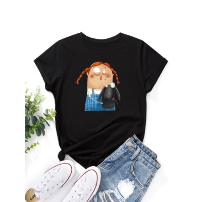 Women Cartoon Figure   Animal Graphic Round Neck Casual Short Sleeve T  Shirts