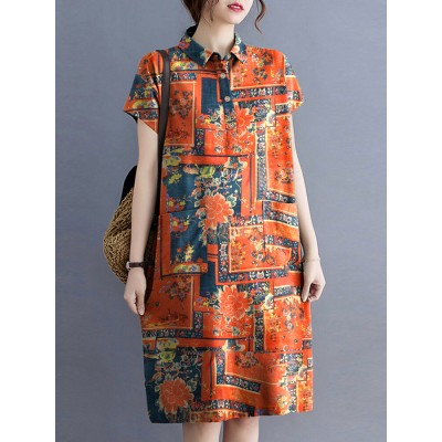 Cottagecore Letter Plaid Print Pocket Cotton Lapel Midi Dress