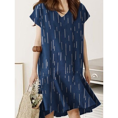 Striped Print Ruffled V Neck Short Sleeve Midi Dress